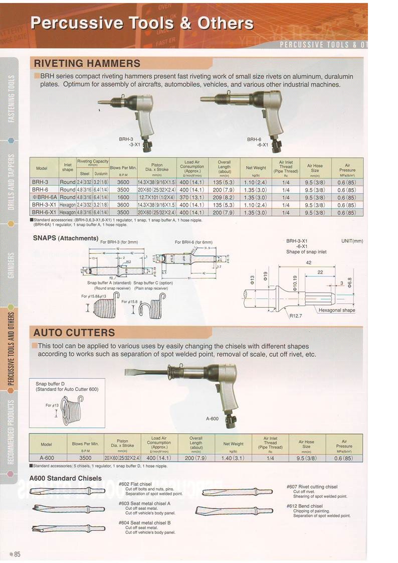 Yokota Riveting Hammers BRH-3, BRH-6, BRH-8 & Auto Cutters A-600